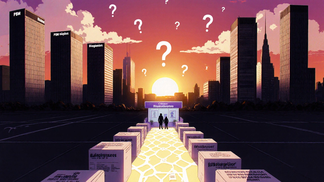 City skyline with corporate buildings casting shadows over a clinic, biosimilar boxes forming a glowing path toward sunrise.