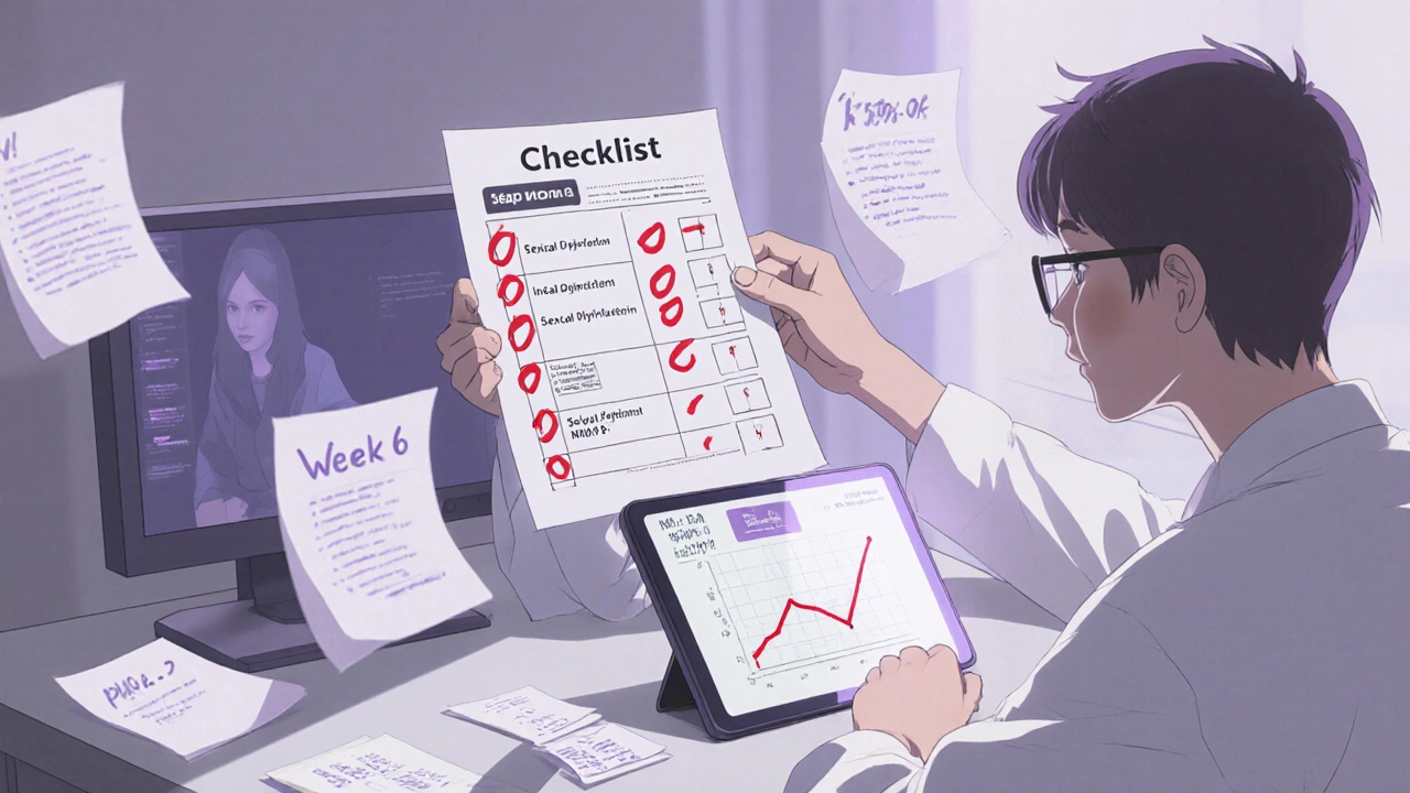 Doctor and patient reviewing ASEC checklist and mood graph in clinic, digital tablet visible.