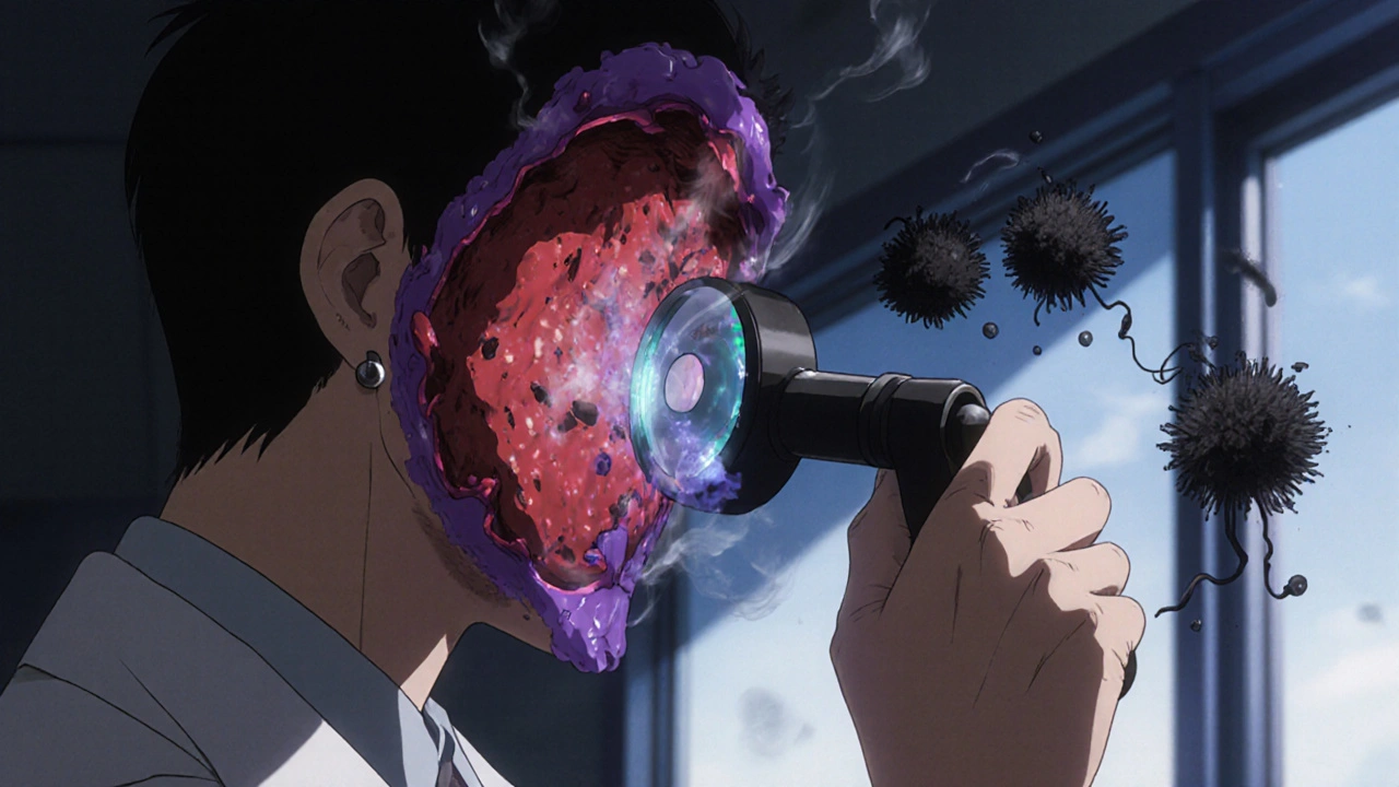 Doctor using otoscope to clean an infected ear canal with glowing ear wick