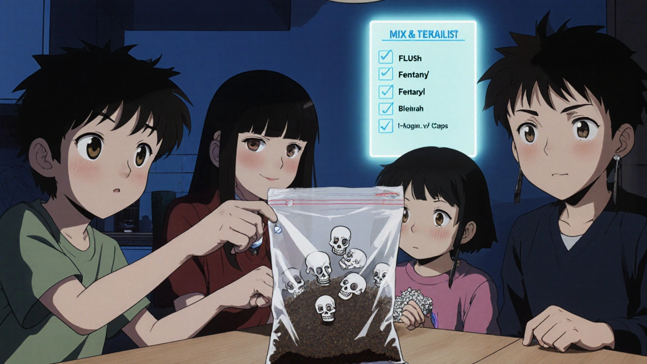 Family mixing pills with coffee grounds and cat litter in sealed bag.