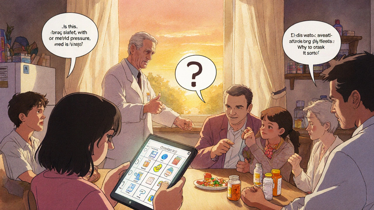 Family reviewing medication list on a tablet at the kitchen table, pharmacist visible through window.