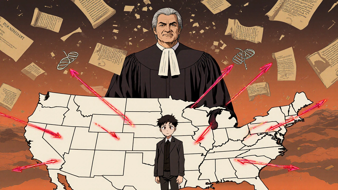 Generic drug developer facing a map of litigation arrows from Delaware, under a judge made of DNA scrolls.