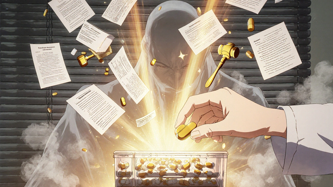 Hand placing a tablet that transforms into legal rulings, with a ghostly brand drug looming in background.