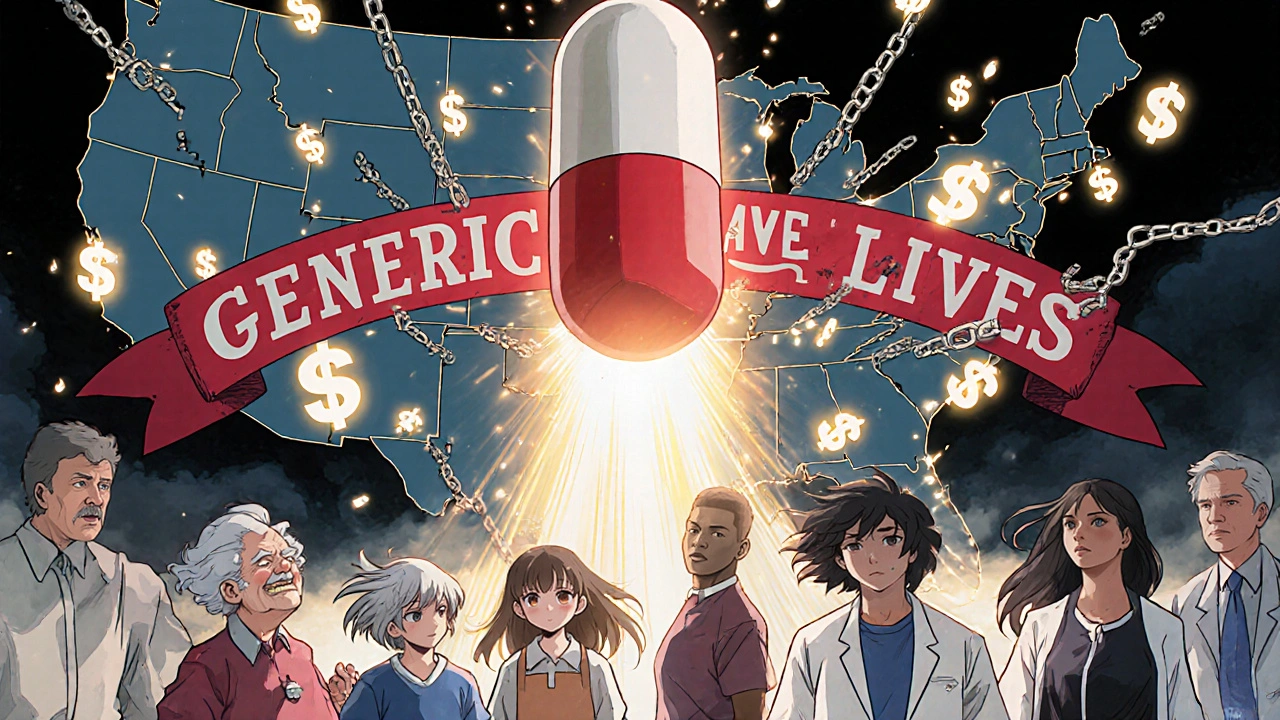 Heroic generic capsule fighting corporate barriers, patients united under &#039;Generics Save Lives&#039; banner, U.S. map glowing with savings