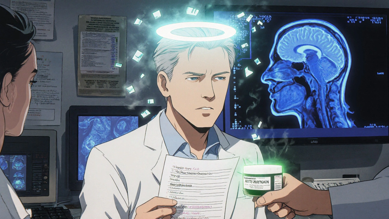 Man in doctor&#039;s office with floating medication risk score, pharmacist pointing to a safer alternative pill.