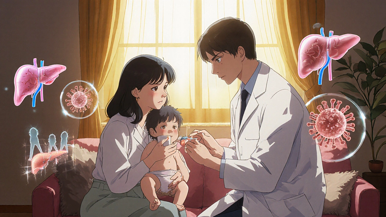 Newborn receiving hepatitis B shot at birth, family nearby with protective light surrounding them.