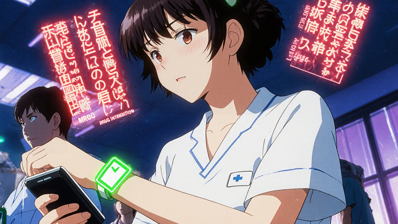 Nurse scanning a patient&#039;s wristband in a hospital, with glowing warning alerts in the background.