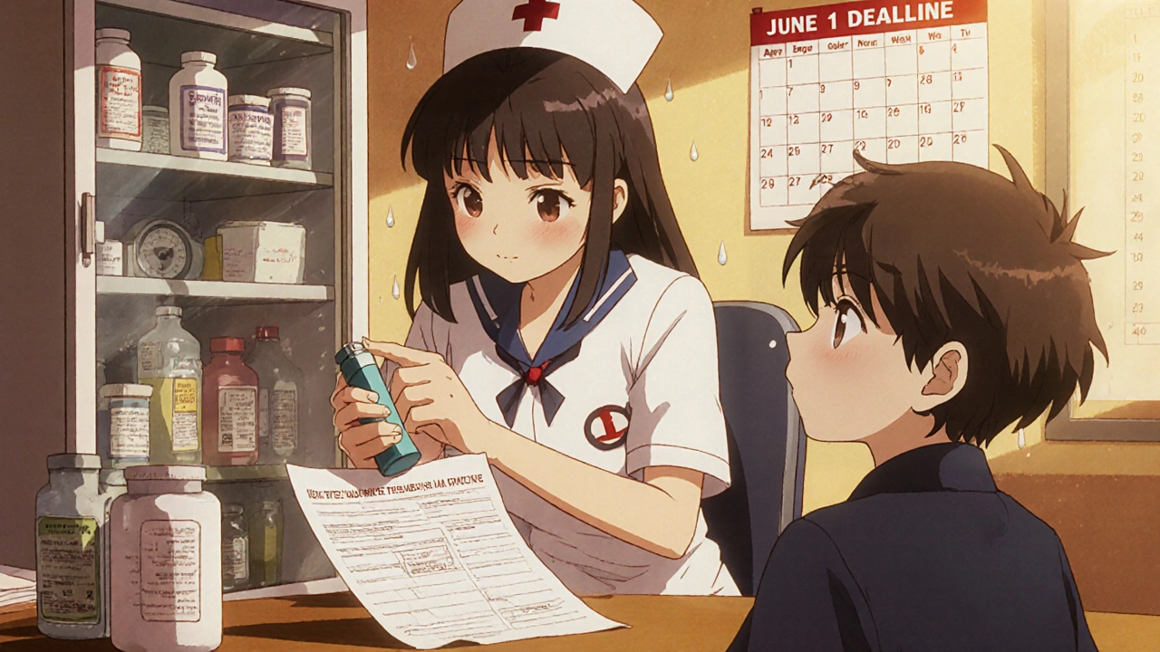 Nurse verifies inhaler against form while child watches anxiously in a cluttered office.