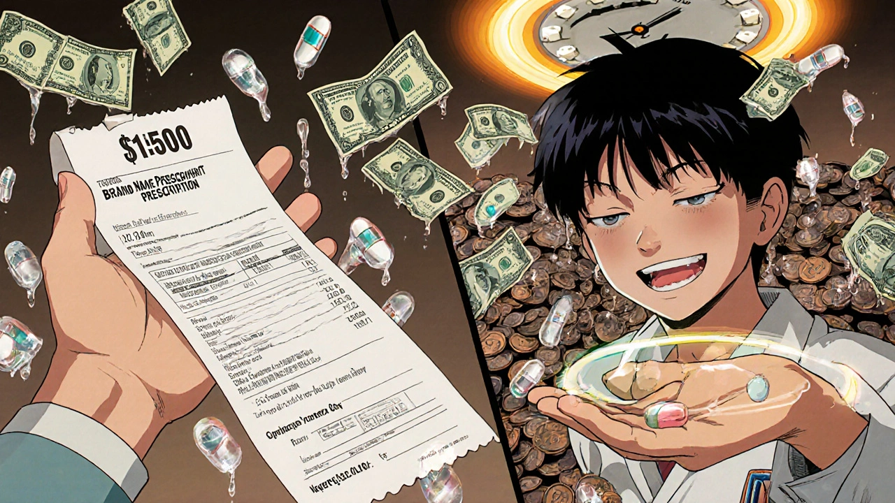 Patient comparing expensive brand prescription to cheap generic pill, dollar bills turning to coins, expired patents floating away