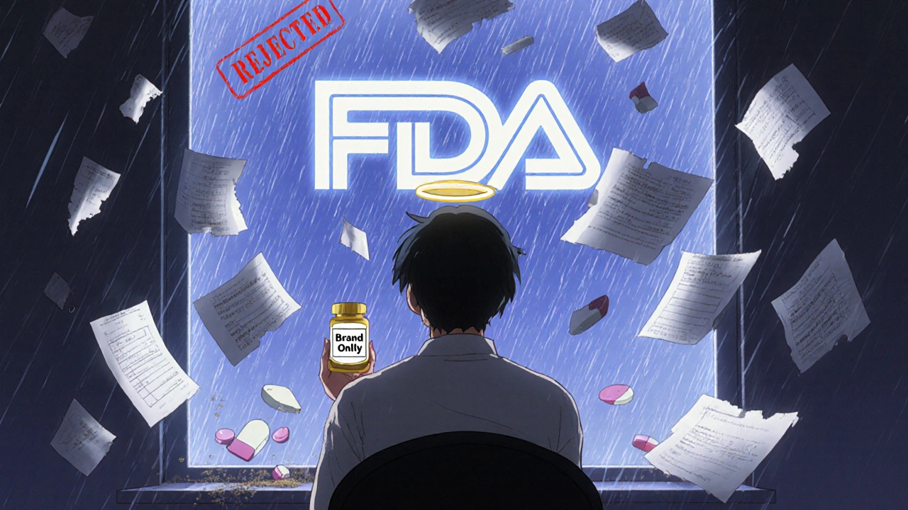 Patient holding brand-only pill as generic pills crumble, medical data spirals around them