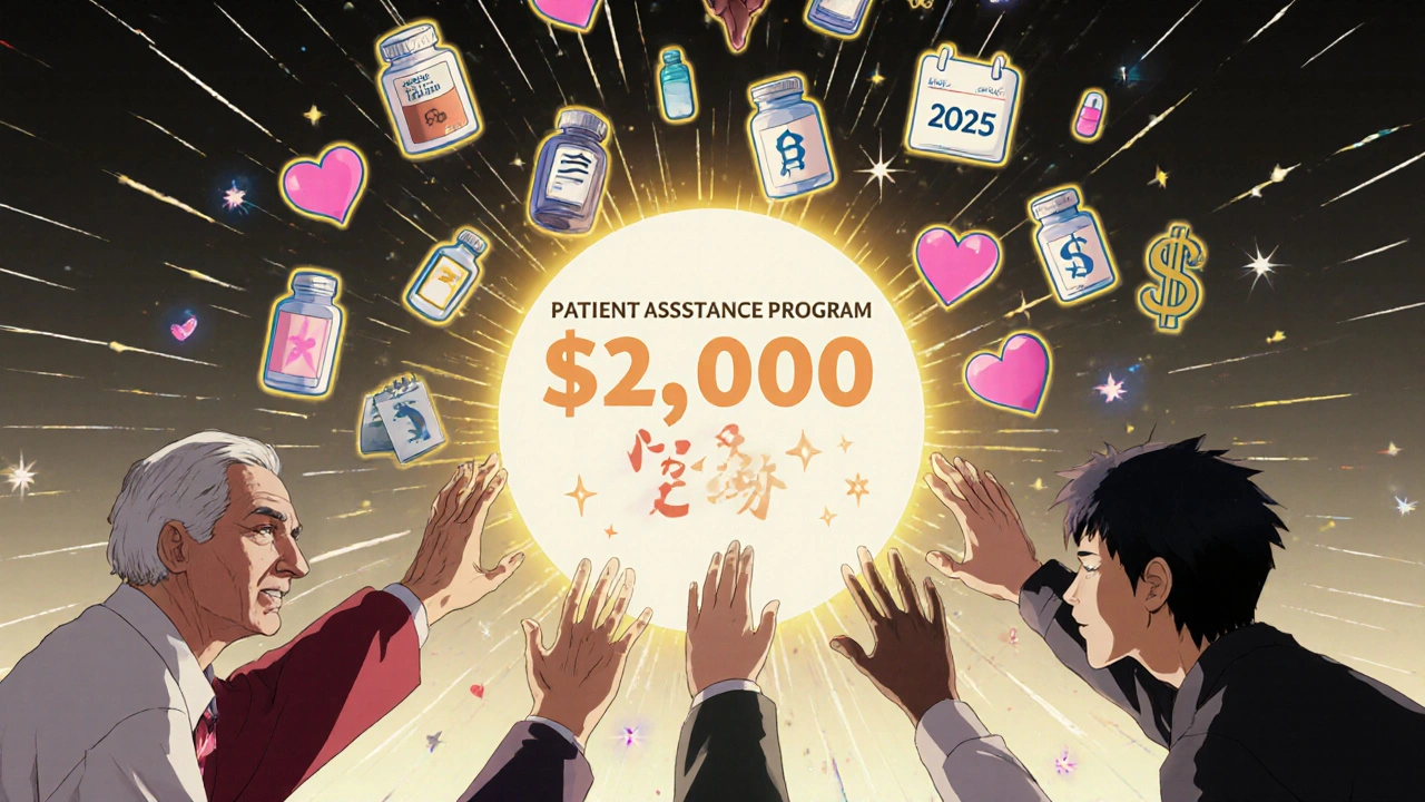 People reaching toward a glowing portal with pill icons and a 2025 cost cap symbol, bathed in sunrise light.