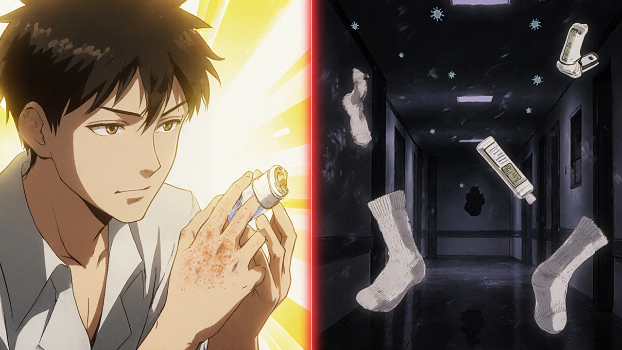 Person applying antifungal cream on one side, recurring infection and medical symbols on the other in stormy hospital setting.