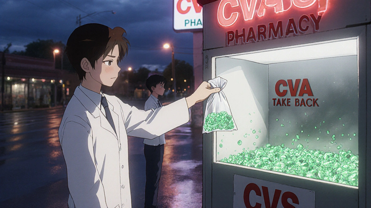 Pharmacist placing medication into a take-back drop-box at dusk.