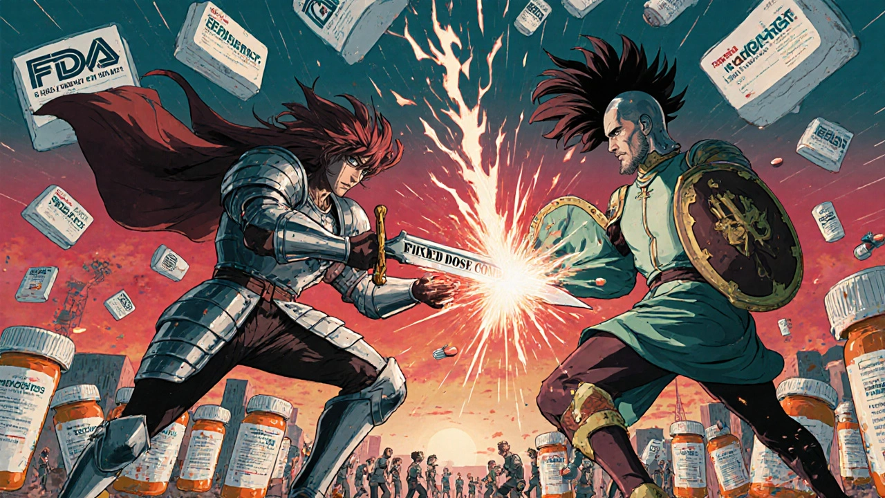 Pill-shaped knights battling in a city of medicine bottles under a regulatory sky.