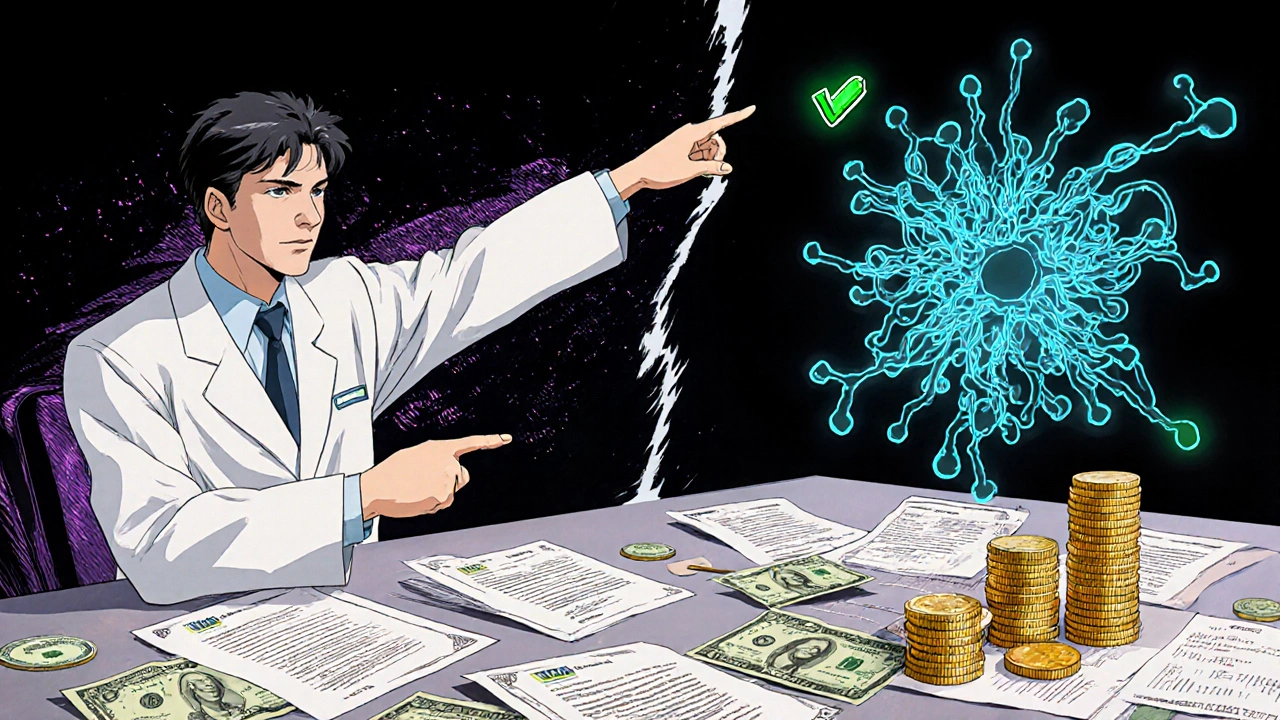 Side-by-side molecular diagrams of a biologic and biosimilar with FDA test reports and dollar bills fading to coins.