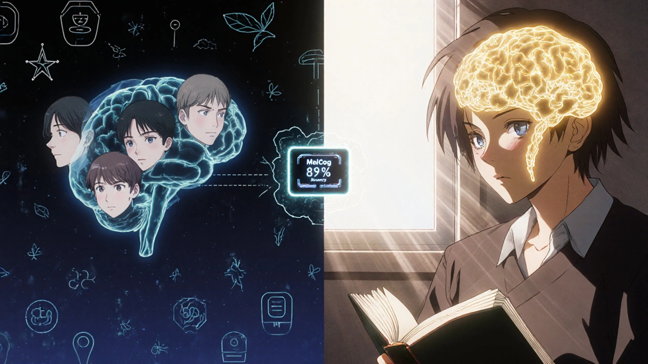 Split image: foggy brain turning clear as neural pathways glow, patient reading peacefully under sunlight.