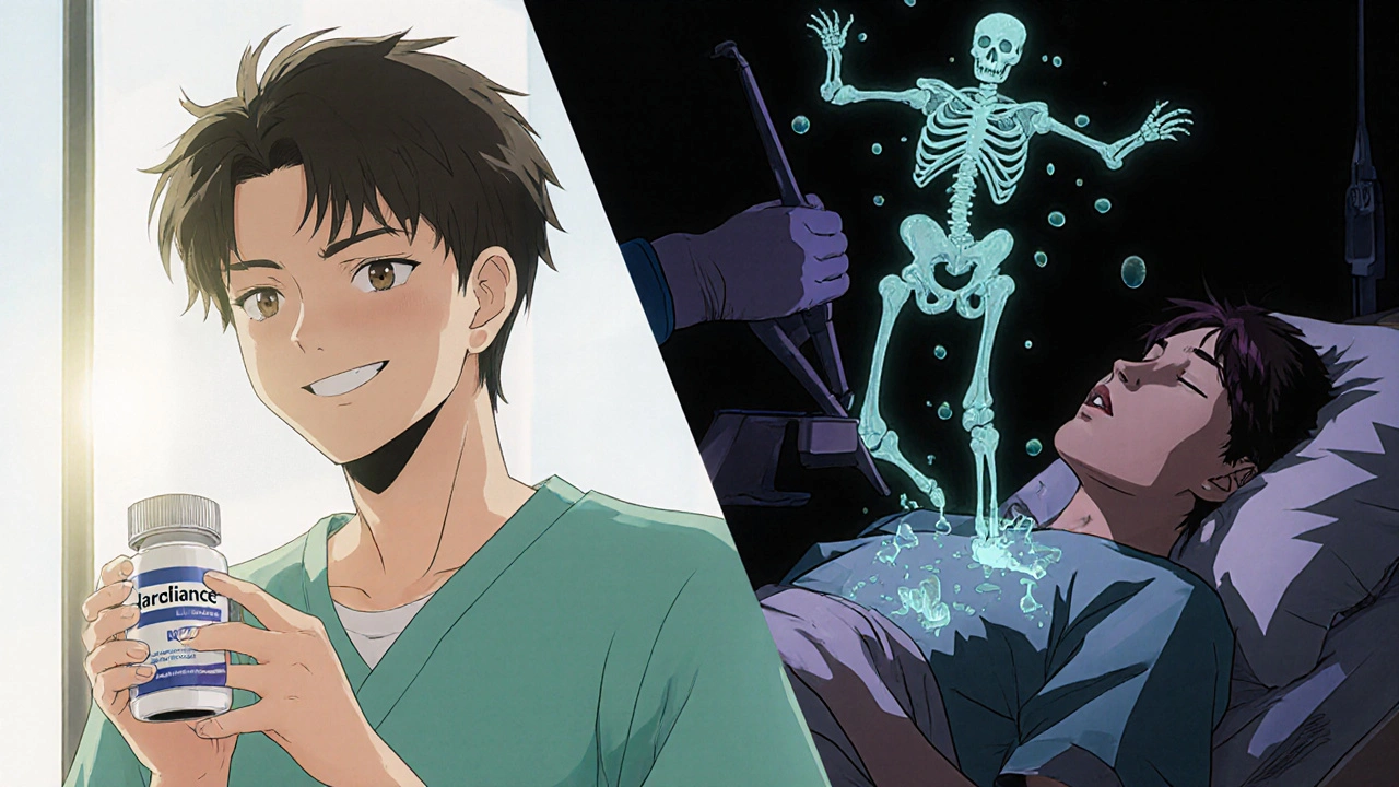 Split scene: healthy patient holding pill vs. hospitalized with surgical team, bacteria spirit between