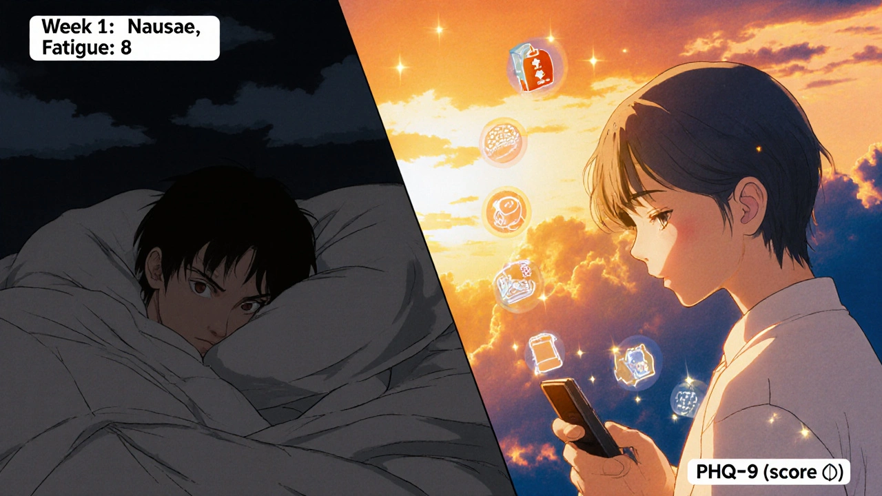 Split scene: person from depressed state to morning walk with improved mood scores and daily goals.