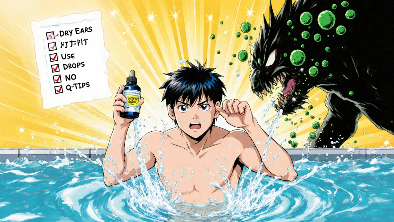 Swimmer drying ear after pool with antimicrobial drops, defeated infection fading behind