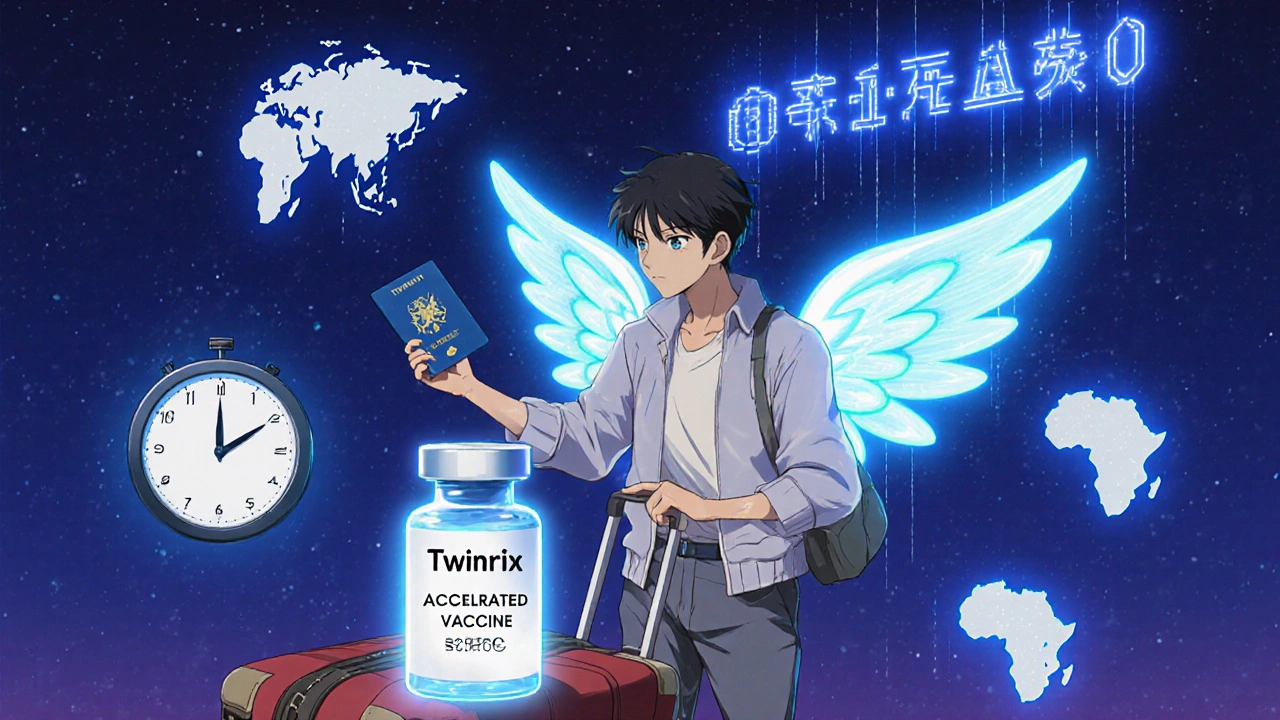 Traveler with Twinrix vaccine and animated schedule, ready to fly to protect against hepatitis.
