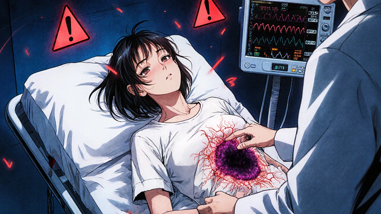 Woman in ER with necrotic abscess, doctor pointing urgently as medical alarms flash