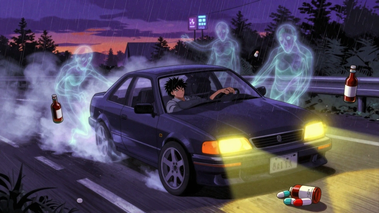 A car drifts off a rainy highway as ghostly pills and alcohol bottles swirl around the driver.