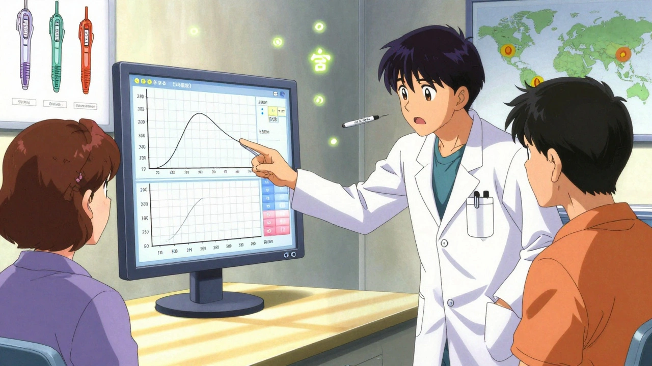 A doctor and patient reviewing blood sugar graphs in a clinic, comparing branded insulin and a biosimilar.