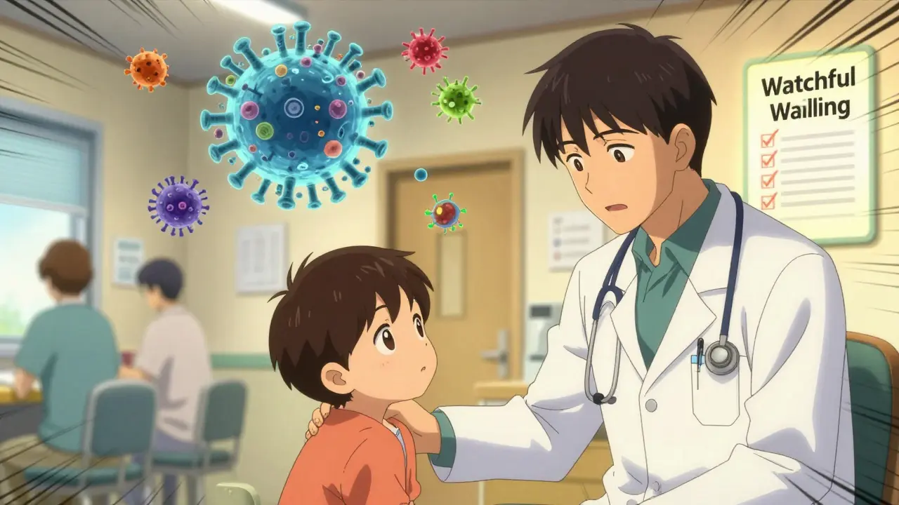 A doctor explains to a parent why antibiotics aren't needed for a viral illness, with a visual of viruses and bacteria in the air.