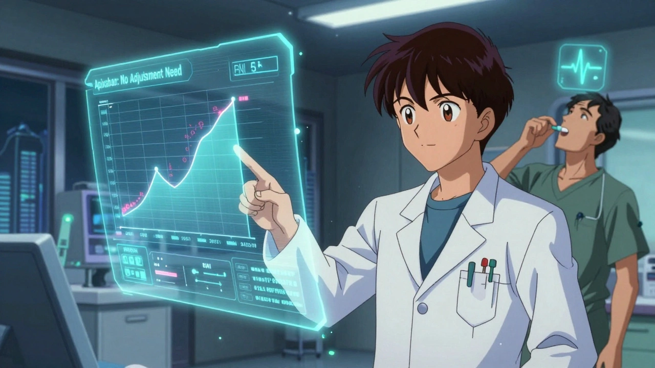 A doctor points to a holographic chart showing stable drug levels for apixaban across body weights.