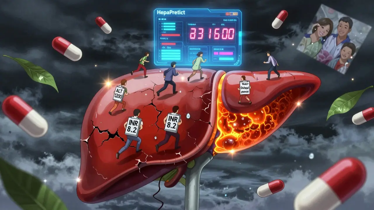 A giant cracking liver with medical data floating around it, under a glowing AI interface and falling pills.
