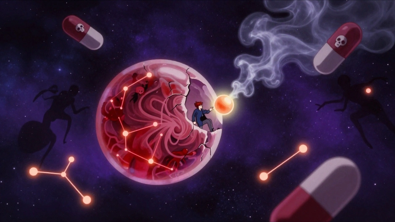 A giant melatonin gummy floating in space with neural pathways and shadowy pills around it.