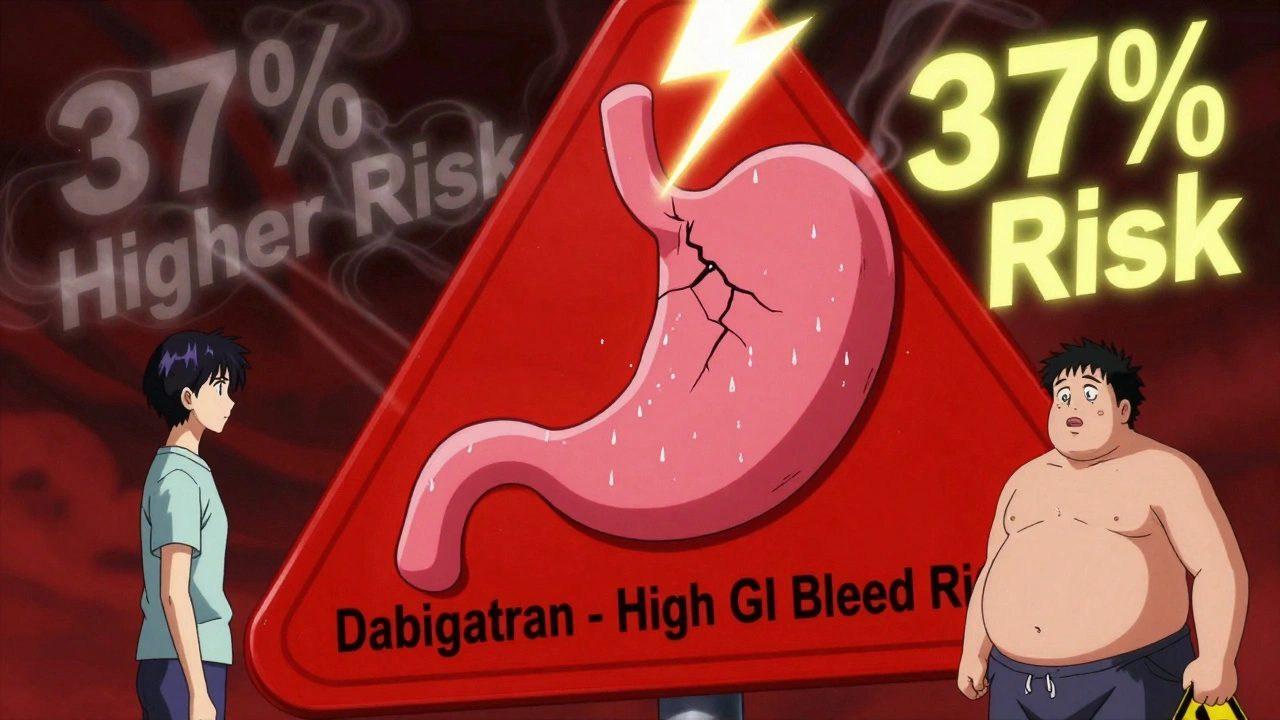 A giant warning sign shaped like a stomach with lightning, symbolizing high bleeding risk from dabigatran.