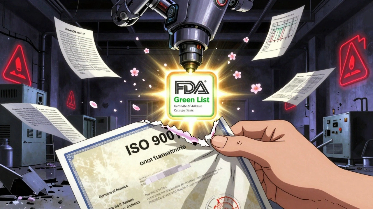 A hand tearing an ISO certificate as a glowing FDA Green List appears, with floating compliance documents and a robotic audit arm looming.