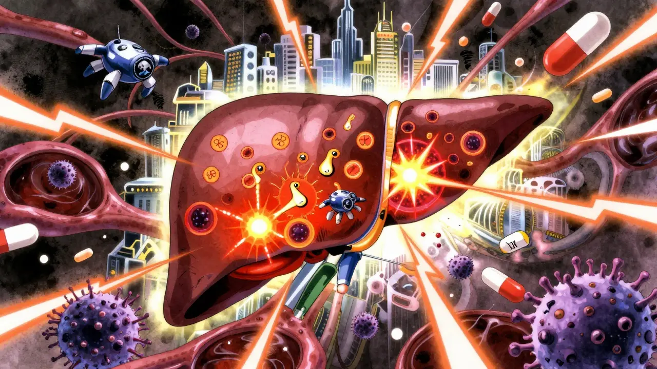 A mechanical liver city under attack by viral drones, with pills and enzymes exploding in chaotic patterns.