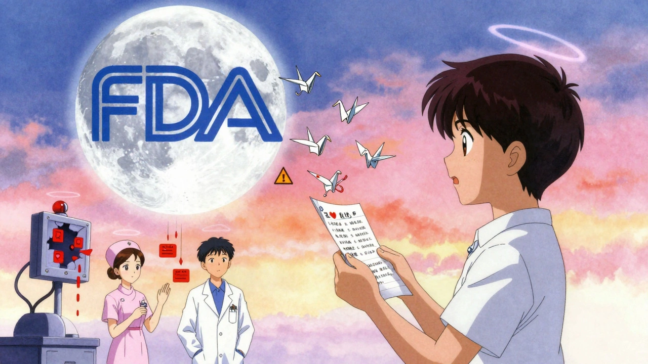 A patient&#039;s medication list becoming paper cranes flying toward an FDA-shaped moon, with broken alerts raining down.