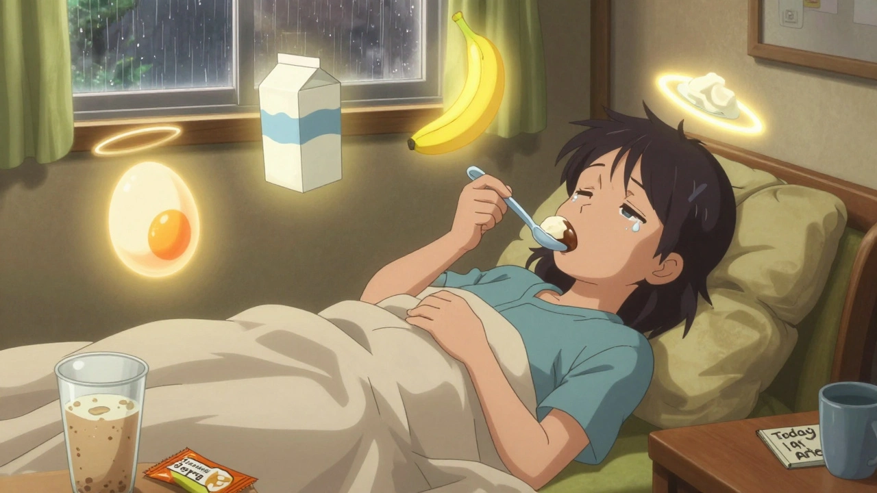 A patient eating ice cream on a couch, with glowing food icons floating around them, symbolizing nutrition during treatment.