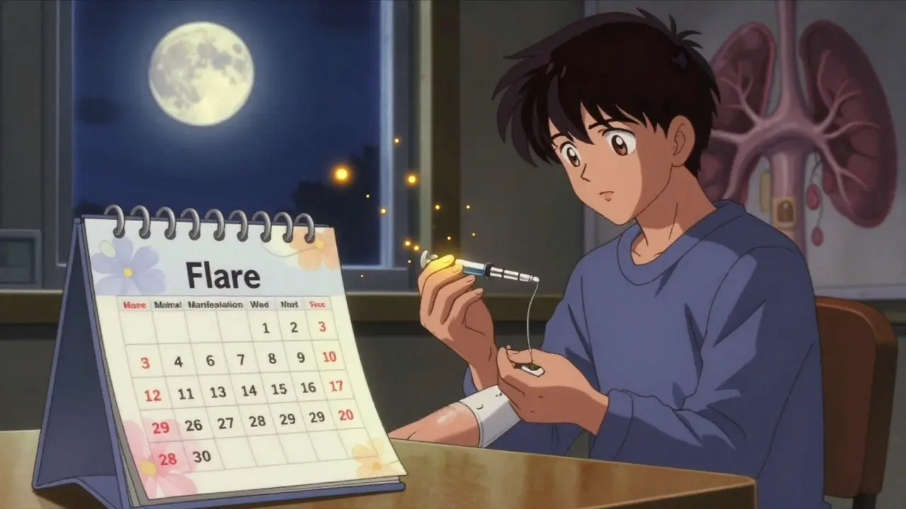 A patient receives an injection as antibodies dissolve into light, symbolizing remission.