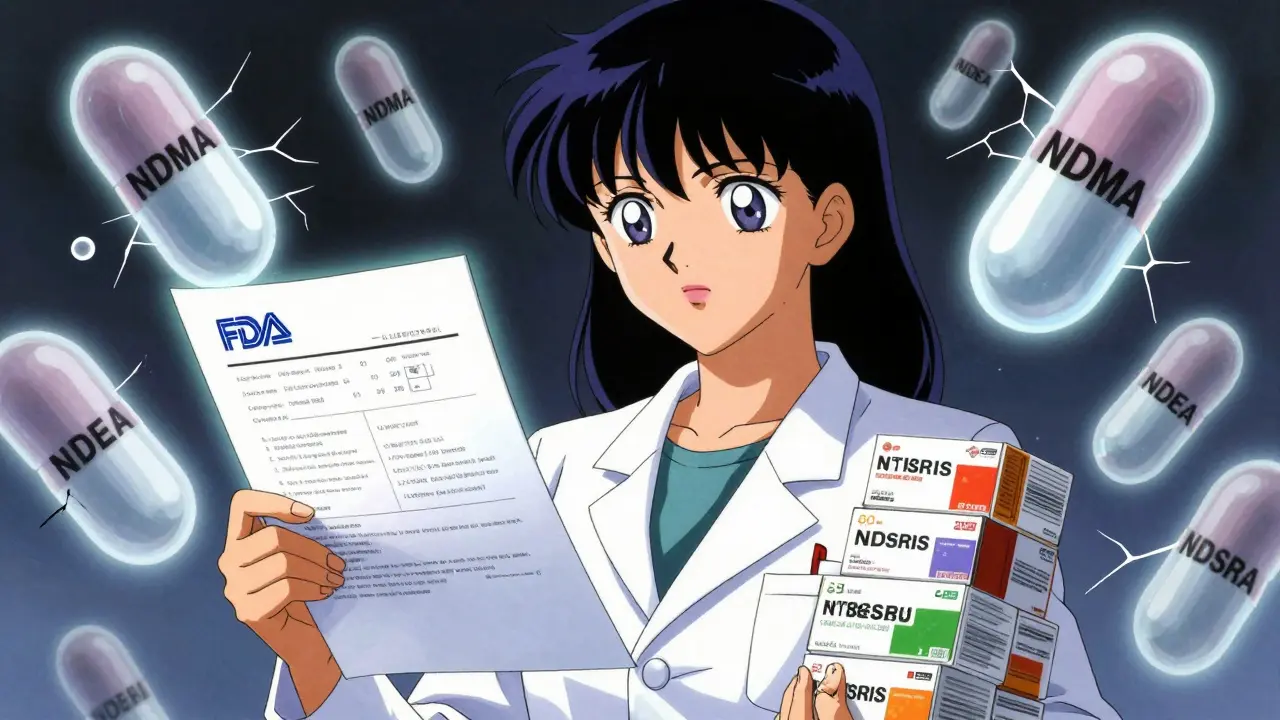 A pharmacist holding recall reports while ghostly contaminated pills float around her.