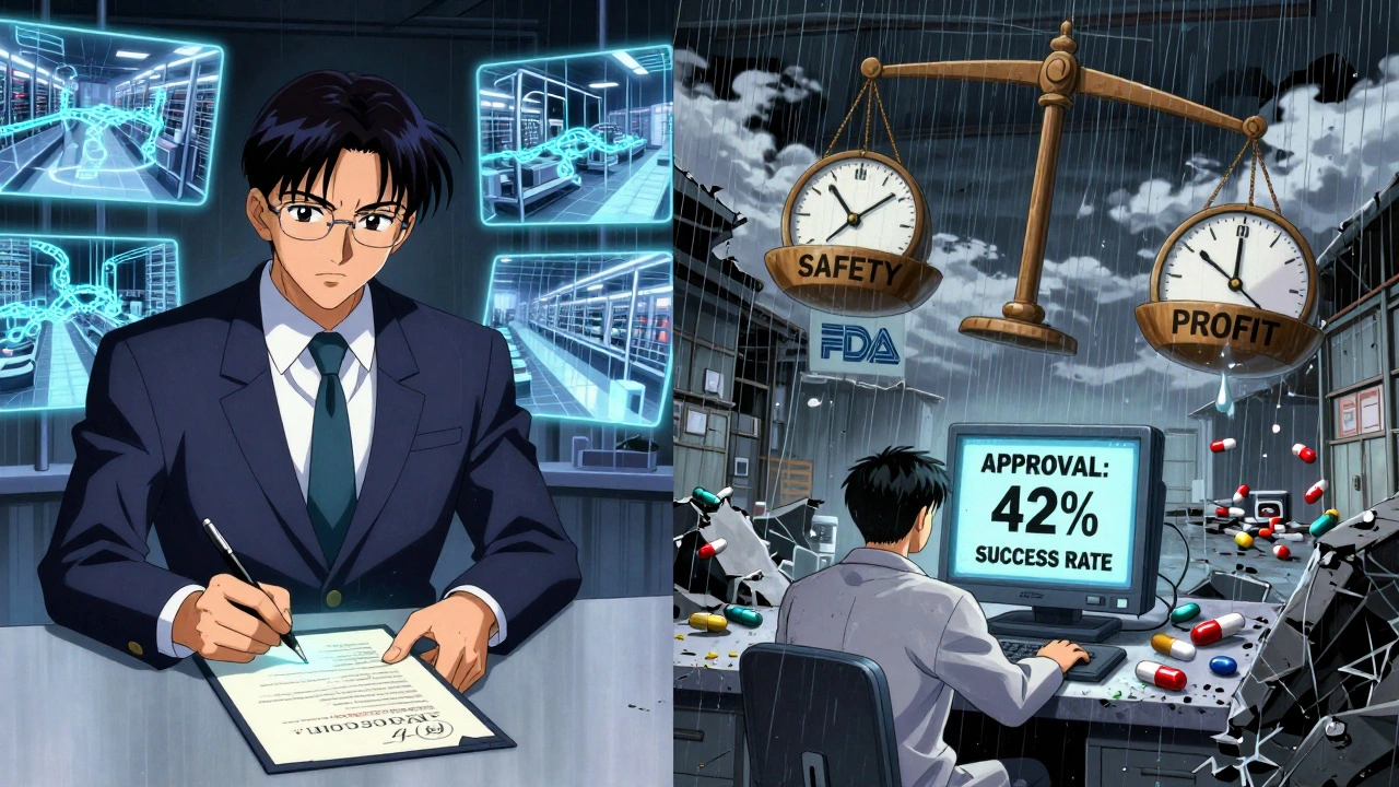 A split scene: executive signs certification with holograms of corrected processes, while behind them, a warehouse crumbles under a ticking 90-day clock.