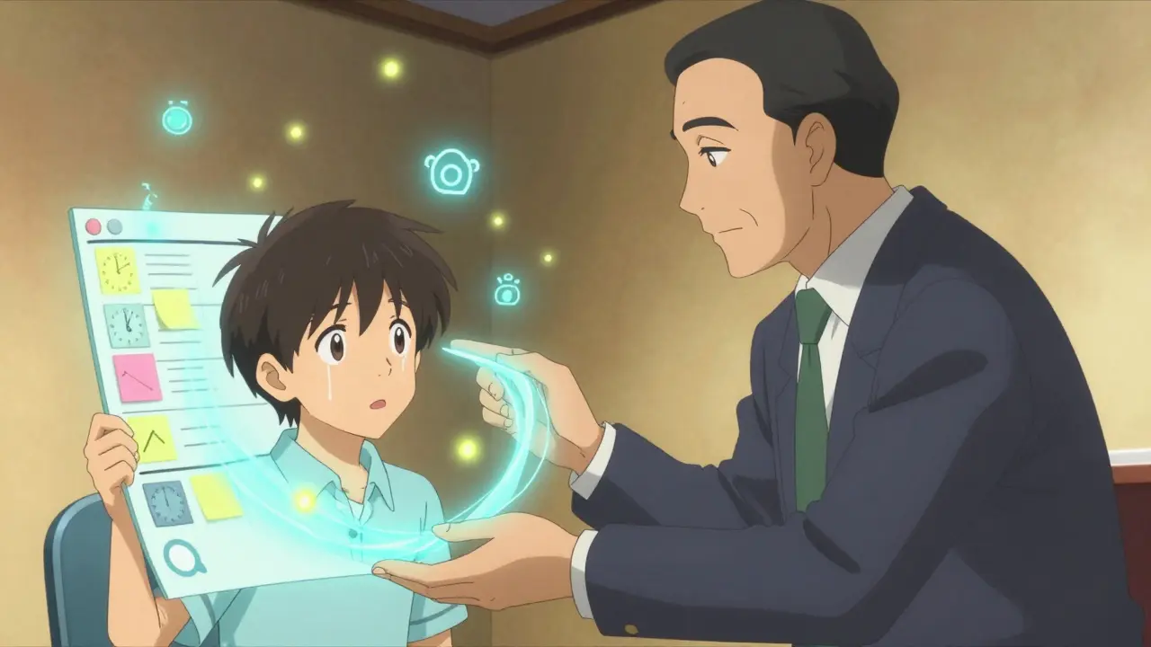 A teen receiving coaching from a mentor as visual planners and timers glow around them in soft anime lighting.