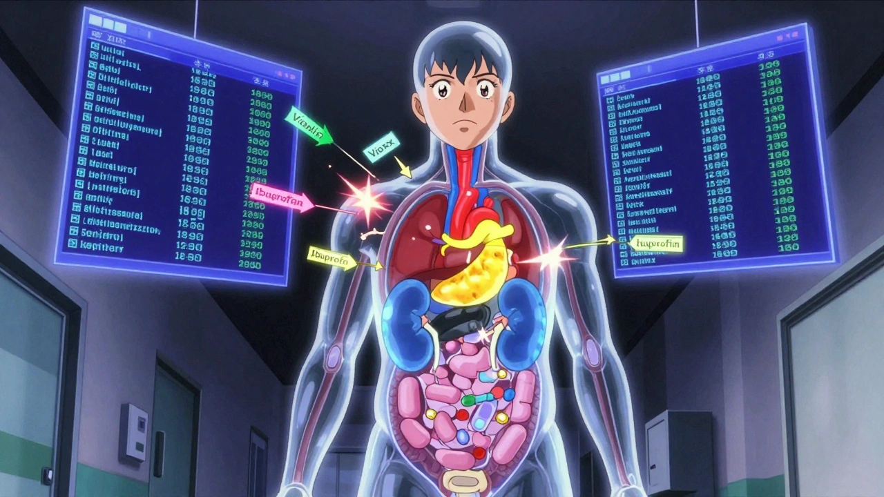 A transparent human body with medications flowing through organs, glowing in colors, backed by massive databases.