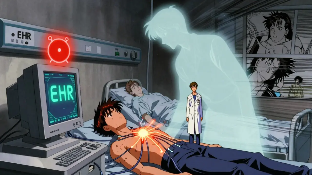 An EHR screen flashing an alarm with ghostly patient figures and a hesitant doctor in 90s anime aesthetic.