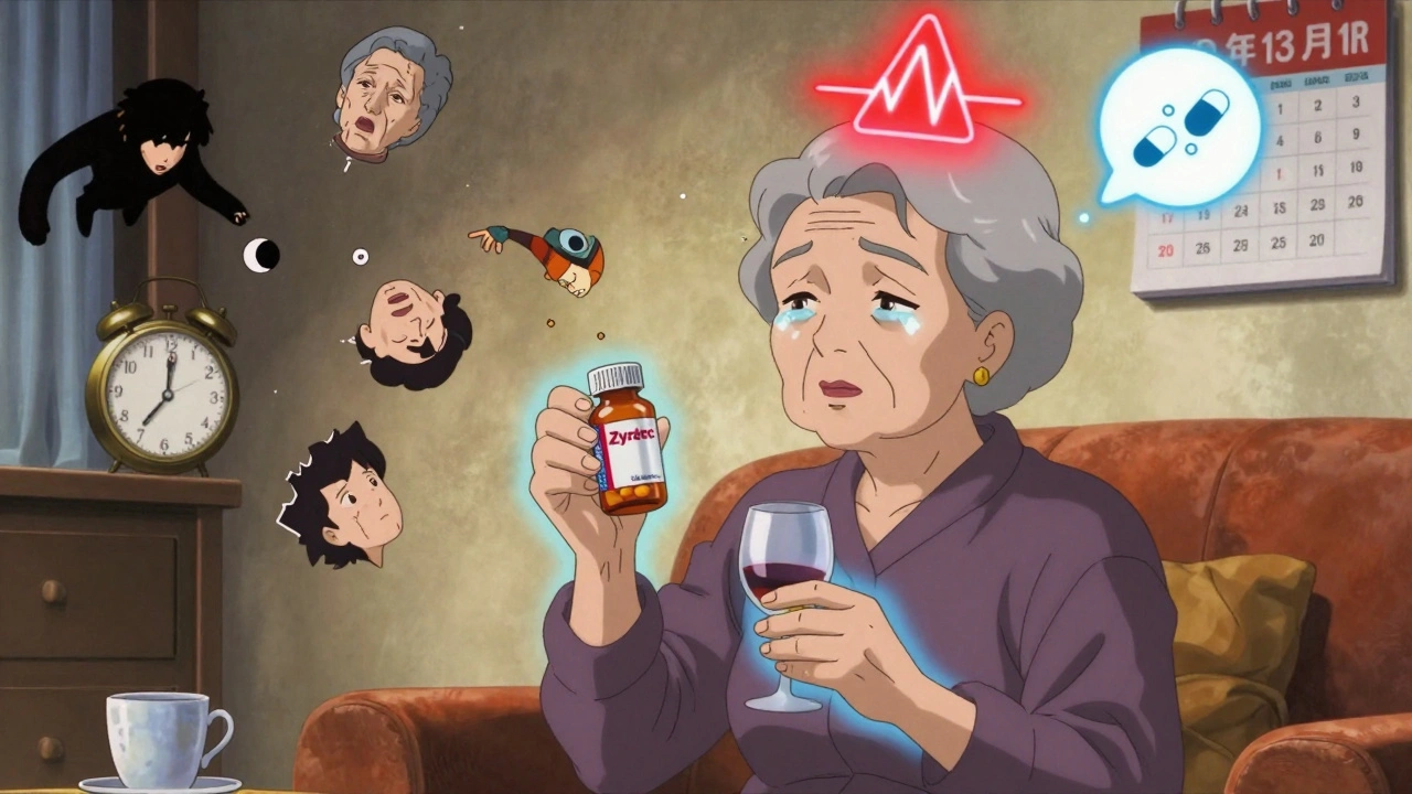 An elderly woman holds a pill bottle and wine glass, surrounded by fragmented memories of falls and confusion.