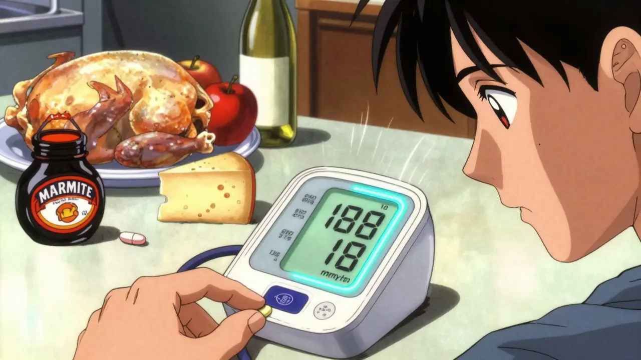 Close-up of a blood pressure monitor reading 180 with medication beside it, kitchen clutter in background.