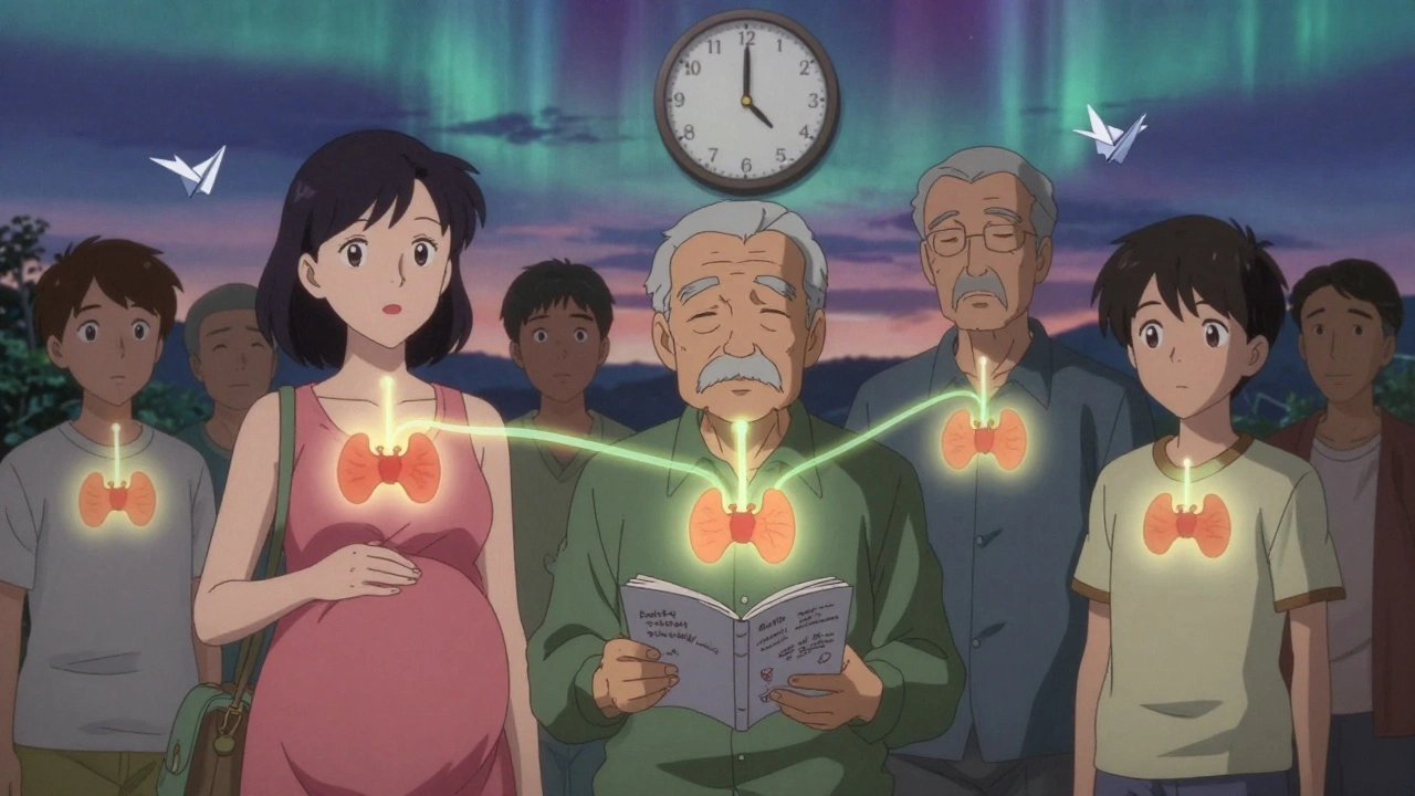 Diverse patients with glowing thyroid icons connected to a clock, holding symptom journals and test results.