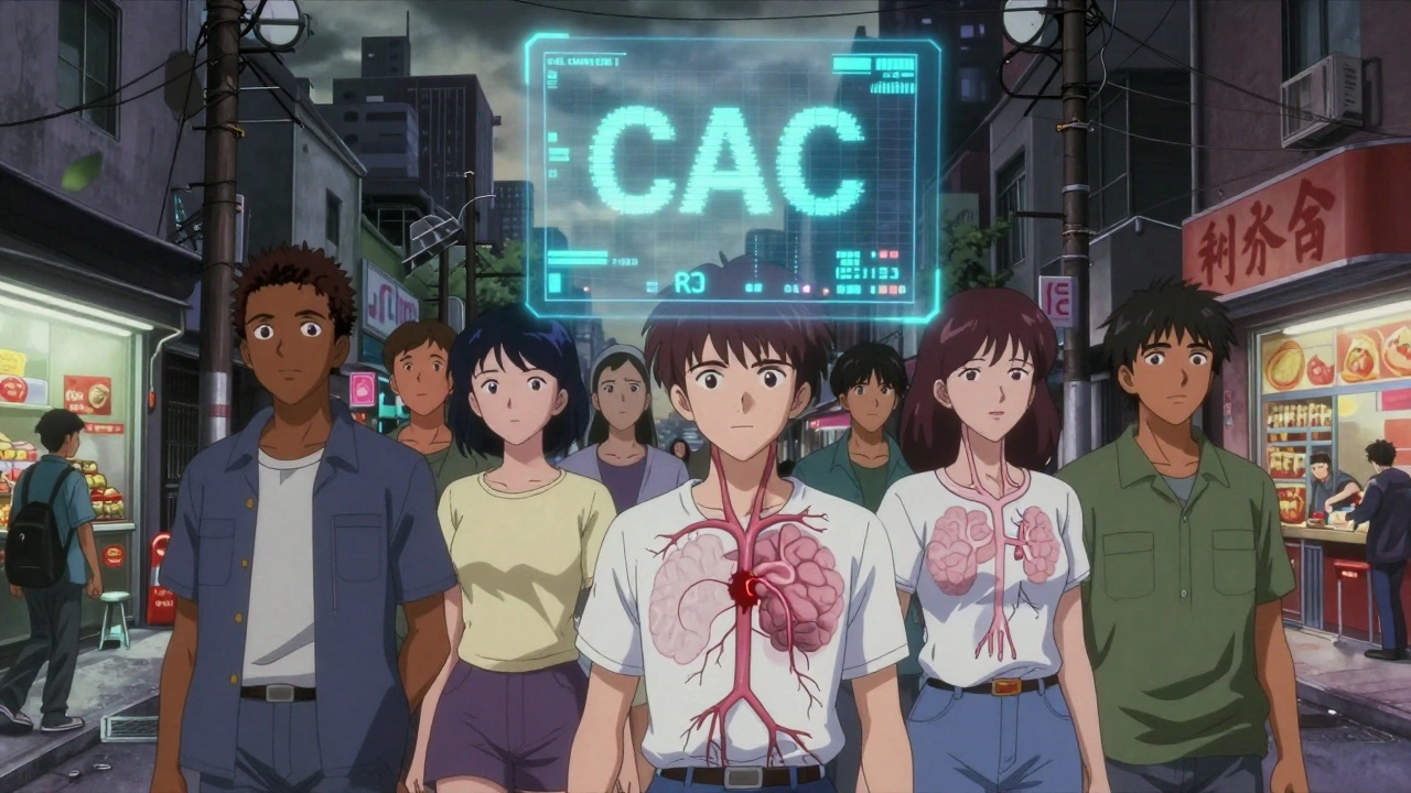 Diverse people with internal artery damage revealed, overlaid on a gritty urban scene.