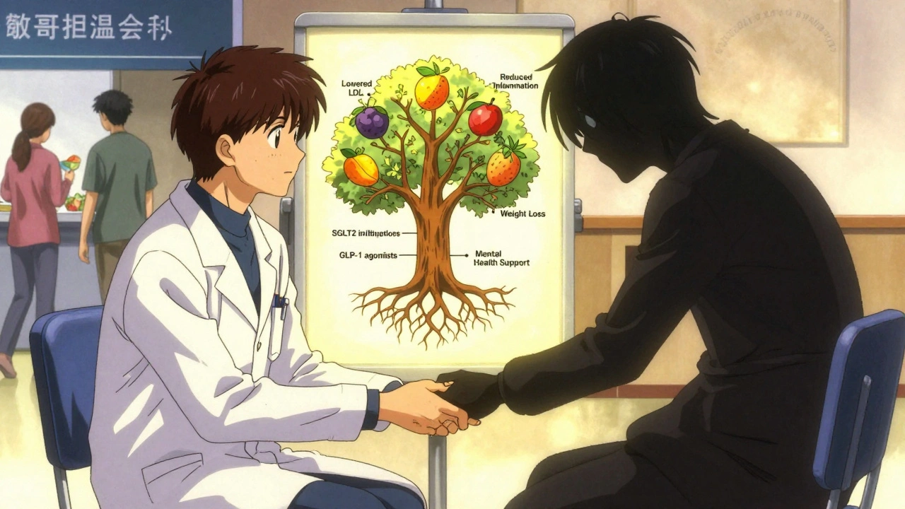 Doctor and patient beside a medical tree with healing fruit, symbolizing heart health treatments.