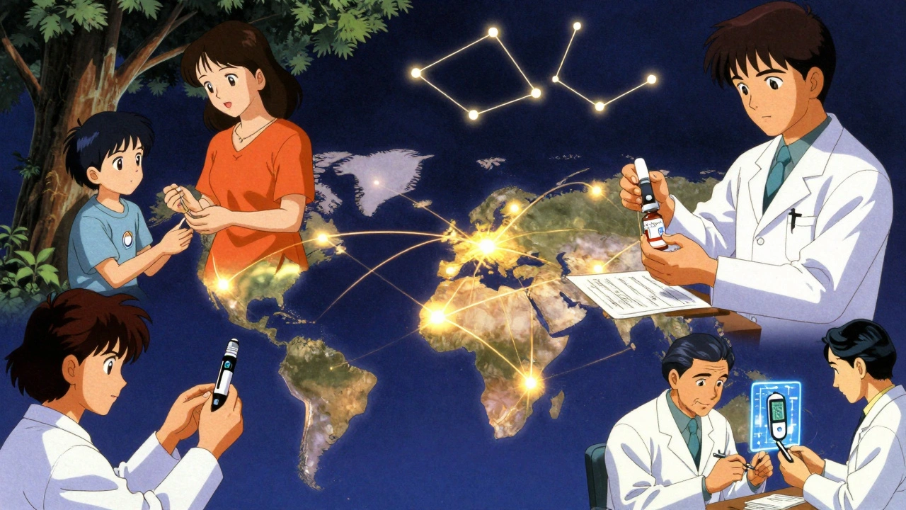 Global scenes of people using affordable insulin biosimilars, connected by glowing threads representing access and equity.