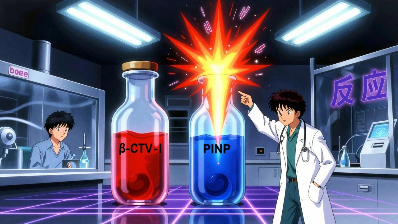 Glowing blood vials labeled PINP and β-CTX-I rising and falling in a high-tech lab with kanji symbols.