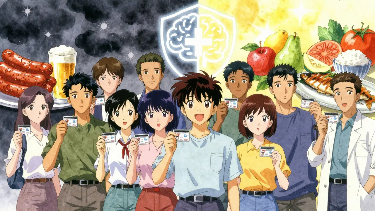 Group holding medical ID cards, one side dark with risky foods, other side bright with safe meals.